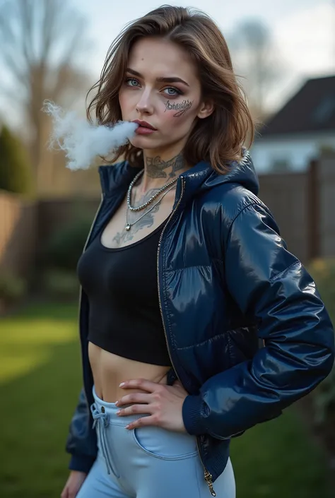 Sexy pale 20 year old English girl with an athletic body, medium length wavy brunette hair with short back and sides, light grey tattoo of the word "Sensuality" in elaborate cursive font curling around the top of her left eye, wearing pale blue sports legg...