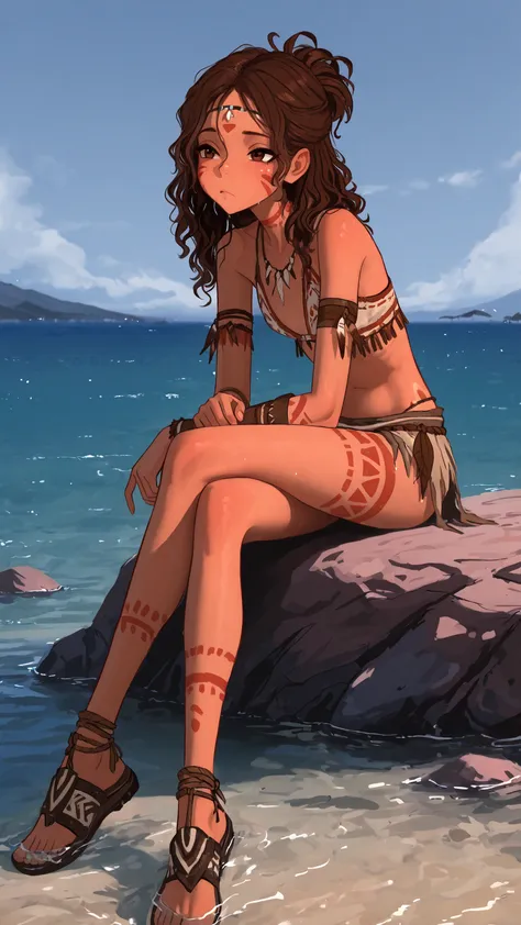 Masterpiece,detailed,great quality,aesthetic style,8k hd resolution. (solo), 1female. female is teen, petite, submissive, feminine, weak, skinny body, skinny legs, light skin, brown hair, short wavy hair, messy hairstyle, brown eyes, flat chest, tribal san...