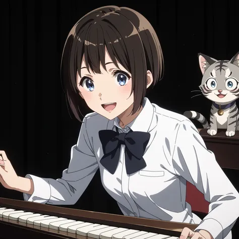 gray pheasant tiger cat、short cut girl with Usopp nearby、 playing the piano、younger, Black-haired character , presumably children or teenagers , , Smile of joy, dynamically drawn , dark gray similar to cats and dogs, background full of stars. They have w...