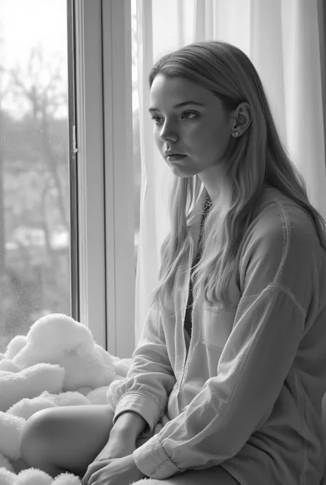 A young girl, likely in her twenties, sits by a window, bathed in soft, natural light, creating a serene, almost melancholic atmosphere. She is dressed in a sheer, light-colored, long-sleeved shirt, possibly unbuttoned or very loose, revealing her bare leg...