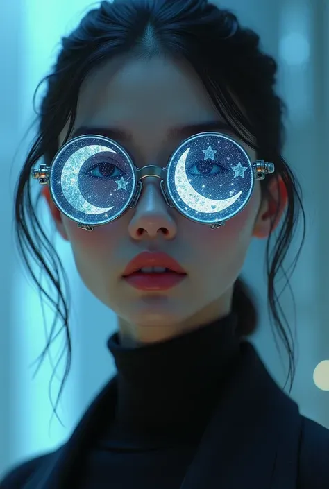 The model is wearing glass sunglasses，with stars and moon on the lenses
