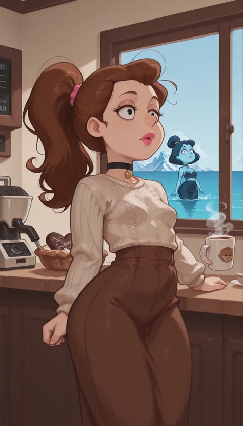Luan Loud. small breasts, medium hips, slender body, brown hair ponytail, hair tie, long hair, black eyes. pink lips, choker . | “A surreal ‘Titanic reversal’ scene: the iconic ship miraculously turns away from the iceberg at the last moment. Early mornin...
