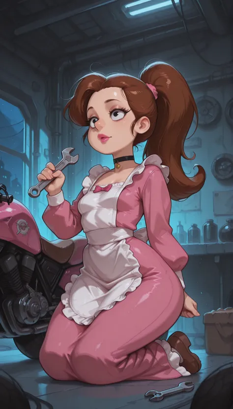 Luan Loud. small breasts, medium hips, slender body, brown hair ponytail, hair tie, long hair, black eyes. pink lips, choker . | score_9 , score_8_up , score_7_up , score_6_up , long sleeves , long skirt , bow , apron , maid , frilled apron , full body , ...