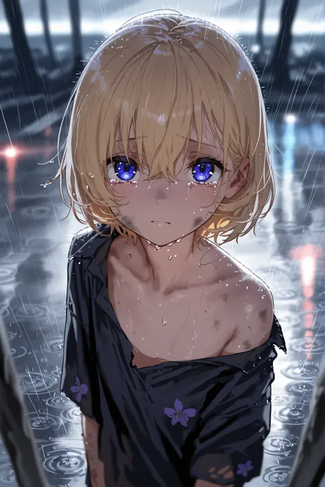  high resolution image , masterpiece, top quality, great quality, absurdres,ultra detailed,8K,volumetric lighting, depth of field, 1girl,loli, crying, outdoors, raining, short hair, blonde, violet eyes, dirty, poor, looking up at viewer, orphan
