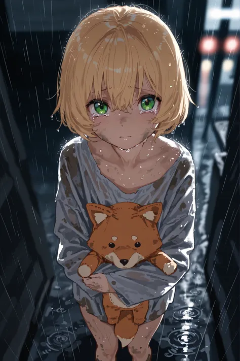  high resolution image , masterpiece, top quality, great quality, absurdres,ultra detailed,8K,volumetric lighting, depth of field, 1girl,loli, crying, dark alley, raining, short hair, blonde, green eyes, dirty, poor, looking up at viewer, orphan, hugging f...