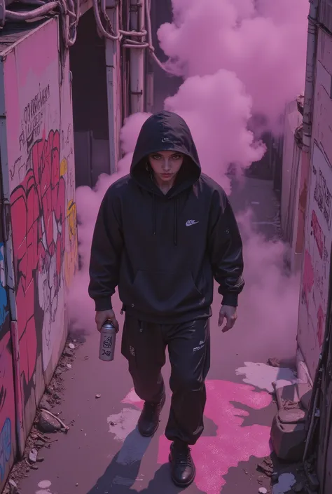 Cartoon style:1.5,  for mouse alien shh silence  , all black hooded Nike  ,  with an aerosol can with the number 2448 alien alien ,  favela brand soccer field wallpaper ,  neon ultraviolet  , fog, Smoking, special effects,  8K quality, drone sky 