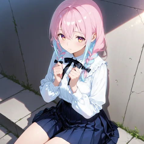 Pastel Pink Hair with Light Blue Hair、1 beautiful anime girl with loose ponytails and braids。white blouse with black bow、Wearing a Navy Blue Pleated Skirt、Double Piecing While Sitting。Soft Light and Warm Shine、cinematic lights、Delicate Skin Texture、 glossy...