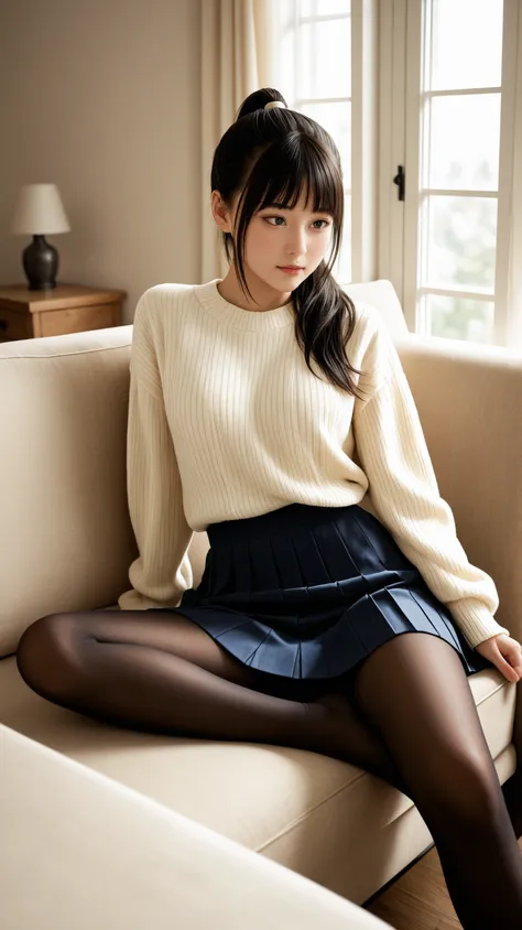 A realistic digital photograph of a young japanese girl with absolutely long hair reacheding her hip, silky black hair, heavy bang hair. curl softly. in her early twenties, **straight-cut bangs (front bangs) covering her forehead**, soft and natural.
her b...