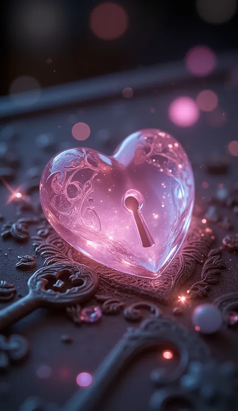 A translucent heart-shaped key made of pink glass placed beside a matching glowing keyhole, resting on a bed of floating sparkles, surrounded by delicate engravings and magic dust, soft dreamy fantasy lighting