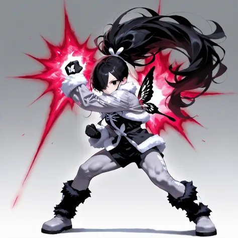 1 girl, super long black hair, black eyes, Thick, light muscles, fighting stance, red energy around fist, small white fur coat, black fur shorts, gray white leggings, fur boots, chop black top, tied hair, hair over one eye, black butterfly symbol on back o...