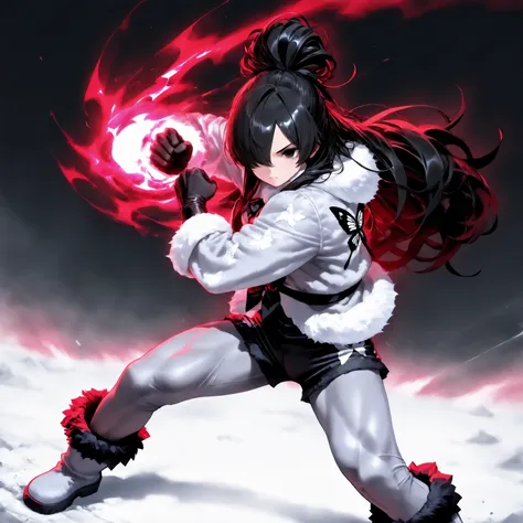 1 girl, super long black hair, black eyes, Thick, light muscles, fighting stance, red energy around fist, small white fur coat, black fur shorts, gray white leggings, fur boots, chop black top, tied hair, hair over one eye, black butterfly symbol on back o...