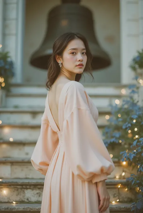 ultra photorealistic 8k / deep focus / HDR / ultra sharp / no blur。blue hour before dawn（Just before sunrise ）、 The courtyard of an old stone church。The outdoor staircase leading to the chapel even reveals the texture of the damp stone。Warm golden fairy li...