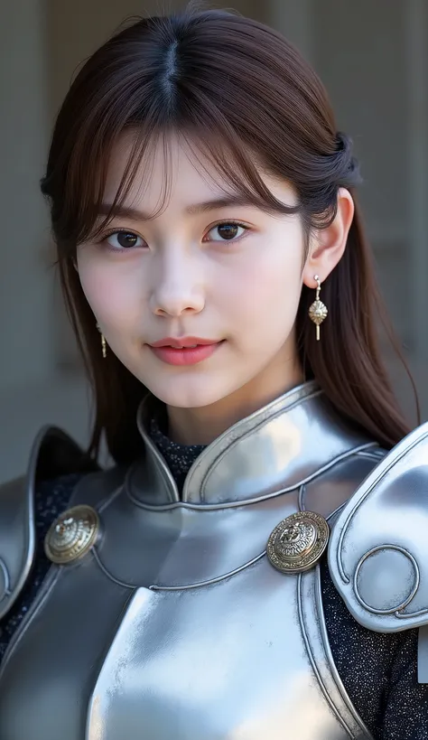 neat young woman wearing luxurious silver armor、、female knight、、漆黒の髪、、ear piercings、looking at camera、looking directly in front、、口を閉じている、への字口、、、face close-up、grey background、
