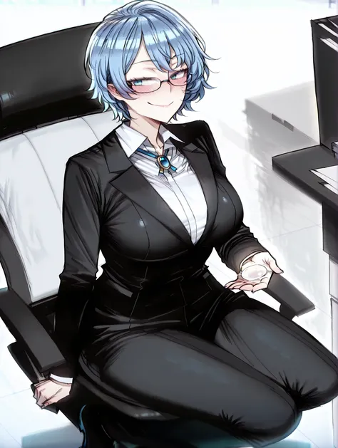 1 girl, wavy hair, short hair, glasses, cerulean blue hair, flirty smile, black suit, solo, blue eyes, front, full body, ratatatat74 style, office, papper's in hand, sitting