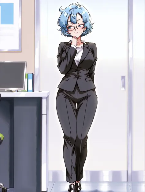 1 girl, wavy hair, short hair, glasses, cerulean blue hair, flirty smile, black suit, solo, blue eyes, front, full body, dragon ball style, office, papper's