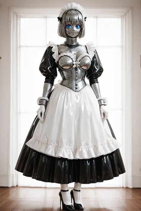 maniajuns,  stainless steel skin,  blue lenses,  stainless steel hair, happy, A beautiful Victorian latex maid outfit, wearing a shiny black latex maid outfit with a white frilly apron,latex juliet sleeves, long white latex gloves up to the elbows,long whi...