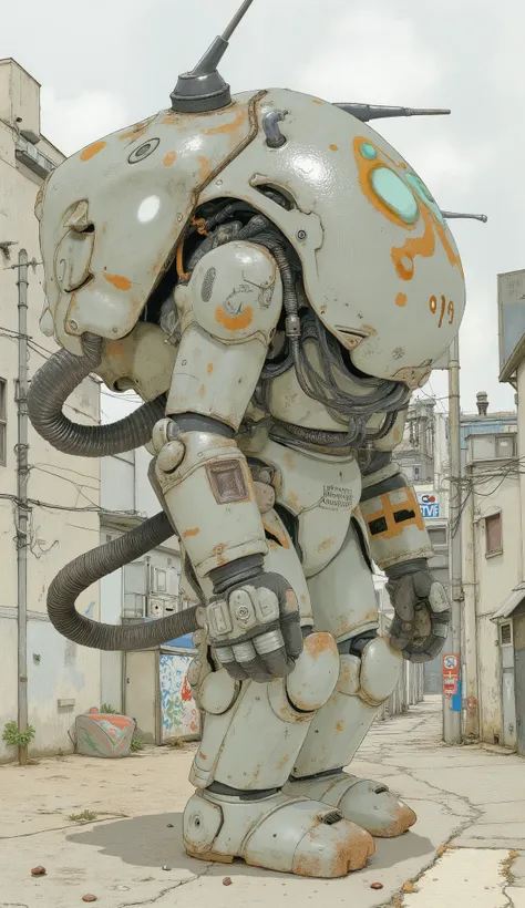 robot,robo,powered suit,armored suit,Ma.k、dynamic action、Japanese comics、Detailed Illustration、Central Tokyo 、Sci-fi anime、By Taiyo Matsumoto、全体的な雰囲気は懐かしいSci-fi anime