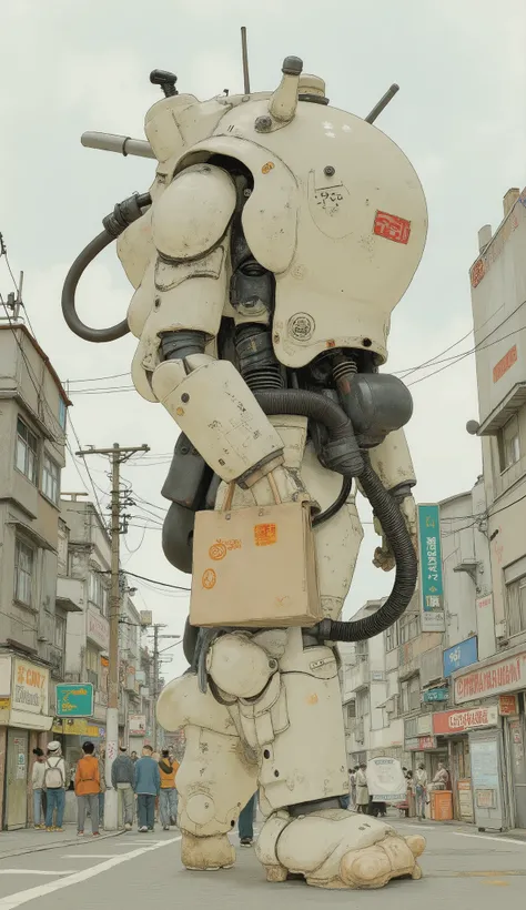 robot,robo,powered suit,armored suit,Ma.k、back view、dynamic action、Japanese comics、Detailed Illustration、About one size larger than a human being、Central Tokyo 、Sci-fi anime、By Taiyo Matsumoto、全体的な雰囲気は懐かしいSci-fi anime、I have a McDonald's tote bag
