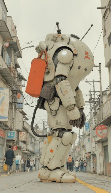 robot,robo,powered suit,armored suit,Ma.k、back view、dynamic action、Japanese comics、Detailed Illustration、About one size larger than a human being、Central Tokyo 、Sci-fi anime、By Taiyo Matsumoto、全体的な雰囲気は懐かしいSci-fi anime、I have a red tote bag