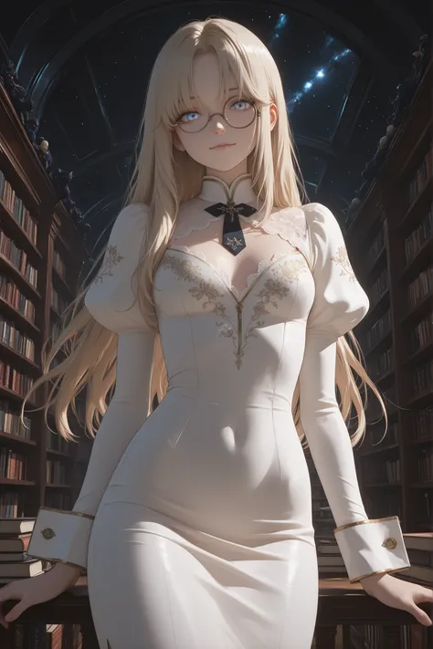 score_9, score_8_up, score_7_up, masterpiece, source_anime,(((A majestic library,Dark Space,Between hours )))
Watery eyes ,smaller breasts,Ash Gold Hair,Long Hair, (Long White Dress,tight dress,Juliet sleeve,Long Cuffs ,Delicate Embroidery,lavish decoratio...