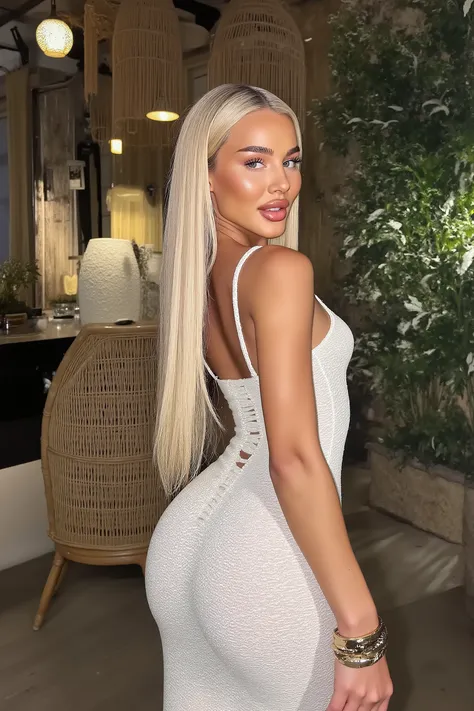 21 year old woman with very long white straight hair posing photo is taken with strong camera flash she has perfect skinny hips, photo is very very detailed and sharp her hair is completely straight, the photo is very sharp and very high quality, the photo...