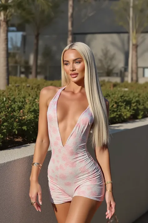 21 year old woman with very long white straight hair posing photo is taken with strong camera flash she has perfect skinny hips, warm sunny day, modern background photo is very very detailed and sharp her hair is completely straight, the photo is very shar...