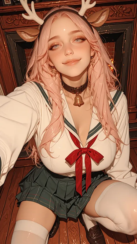 cute face,slim body,big breasts,A fair-skinned woman with pale pink hair and clear blue eyes stands in a cozy Christmas room filled with warm festive light.

She wears an elegant, form-fitting Japanese sailor-style school uniform with a refined, high-quali...