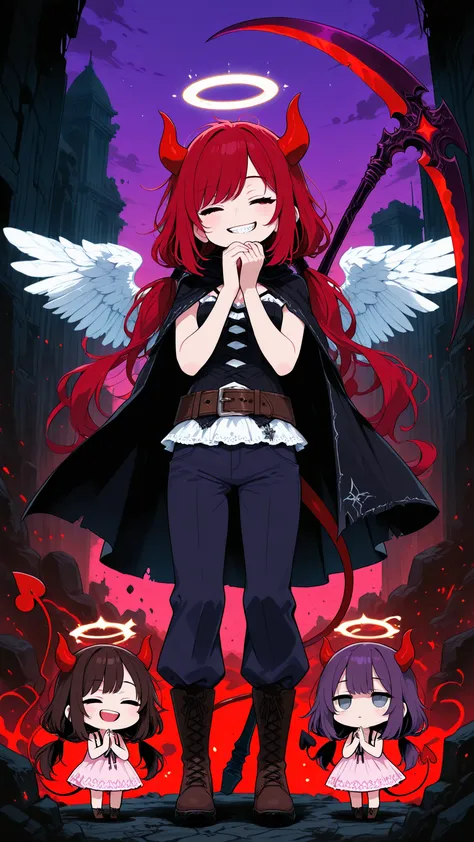 dusk, purple sky, few stars, ruined skyscrapers, 3girls, first girl looks like this: detailed face, looking up, purple hair, low twin tails, swept bangs, long hair, gray eyes, blank eyes, hand under chin, strapless purple shirt, tattered black cloak, holdi...