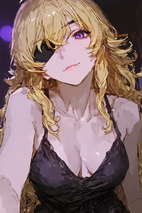 illustration, yang xiao long, 1girl, solo, purple eyes, one eye patch, blonde hair, wavy hair, long hair, wearing black dress, beautiful woman, medium breasts, exposed collarbone, rebellious and alluring expression sharp and defined facial features,  moody...