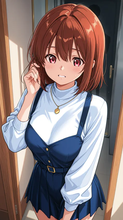 anime style,best image quality,Woman on a crowded train, male(silhouette)Woman caught ,(Brown,Long Hair,slender,Beige Tank Top(Thin shoulder straps,shoulder straps on one side are off:1.3,go topless)),中年 maleの手が背後から女性の胸(Putting Hands Inside Clothes)Grab:1....