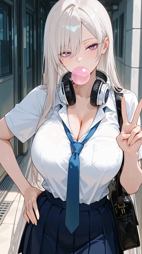 1girl, solo, anime girl, mature, masterpiece, sleek hair, long asymmetrical hair, looking at viewer, very long hair, straight hair, platinum hair, purple eyes, sharp eyes, narrow eyes, long eyelash, face focused, bubble gum, big breasts, cleavage, loose ne...