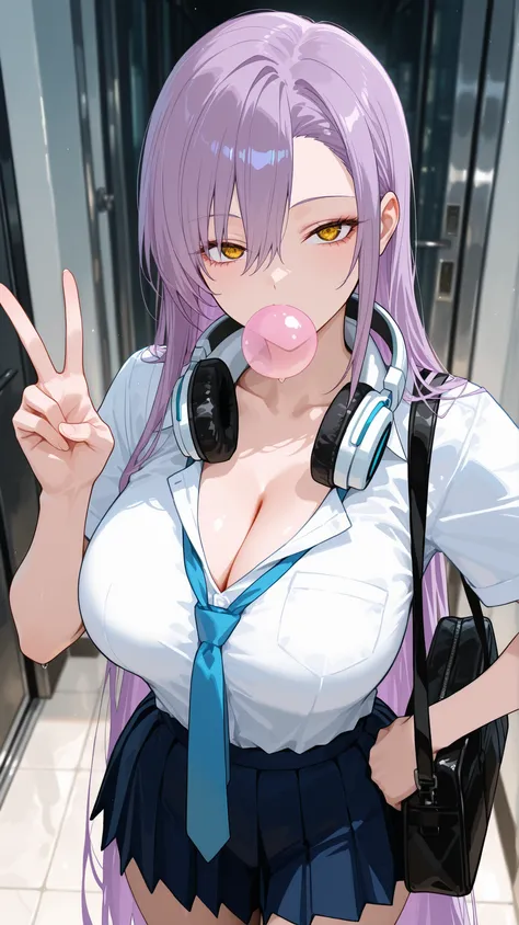 1girl, solo, anime girl, asuna, mature, masterpiece, sleek hair, long asymmetrical hair, looking at viewer, very long hair, straight hair, violet hair, gold eyes, sharp eyes, narrow eyes, long eyelash, face focused, bubble gum, big breasts, cleavage, loose...