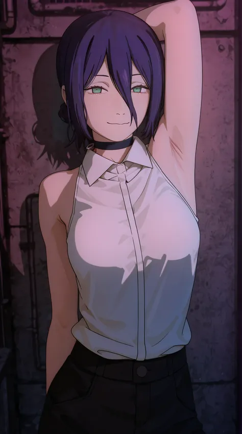 anime - style young girl with dark purple short hair color and white sleeveless shirt posing sensualy in the back alley for alluring, reze from chainsaw man, sensual pose, armpit, armpit show off, high detailed skin, high detailed image, 2 d anime art styl...