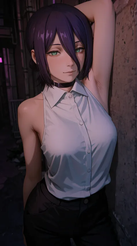 anime - style young girl with dark purple short hair color and white sleeveless shirt posing sensualy in the back alley for alluring, reze from chainsaw man, sensual pose, armpit, armpit show off, high detailed skin, high detailed image, 2 d anime art styl...