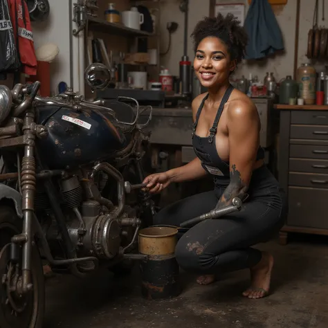 Masterpiece photo in a small run down and dirty maintenance shop. Slim young fullbreasted blackskinned Alexandra Shipp wearing overalls, crouches next to a big motorcycle, repairing the engine with a spanner and an oil can in hands. Her face and her bare a...
