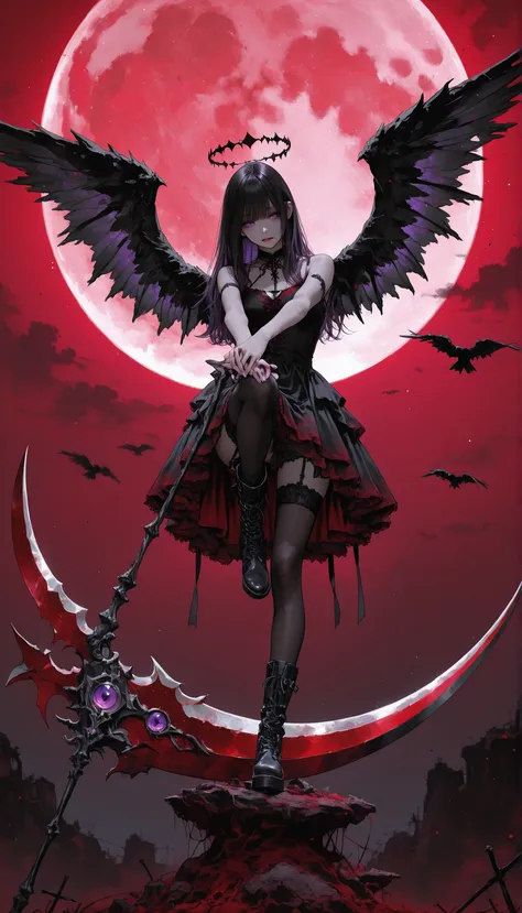PhotoRealistic、(Horror Taste:0.7)、(fantastic)、(contrast between light and shadow、solo、Fallen Angel Girl、(Black half shattered angel halo)、dark haired、Purple Eyes、Cold look、Red and Black Gothic Dress、Garter belt up to the thigh、black stockings、black short b...