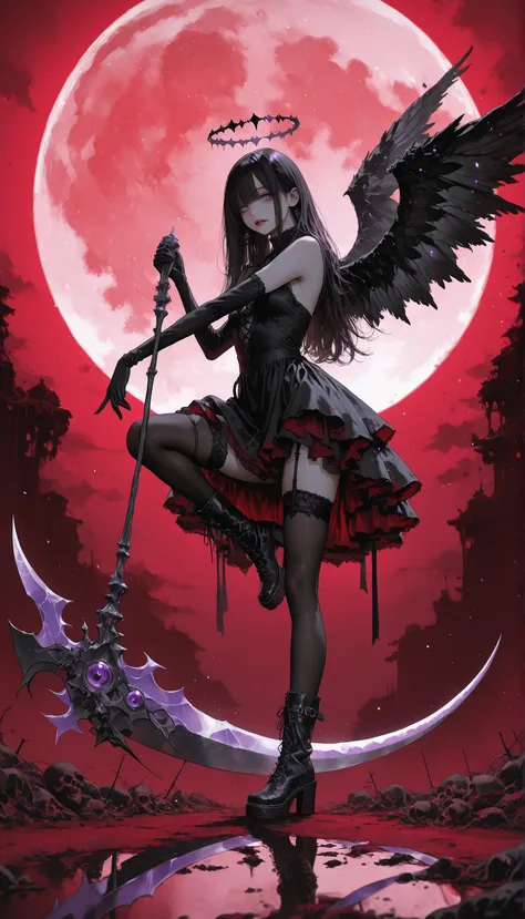 PhotoRealistic、(Horror Taste:0.7)、(fantastic)、(contrast between light and shadow、solo、Fallen Angel Girl、(Black half shattered angel halo)、dark haired、Purple Eyes、Cold look、Red and Black Gothic Dress、Garter belt up to the thigh、black stockings、black short b...