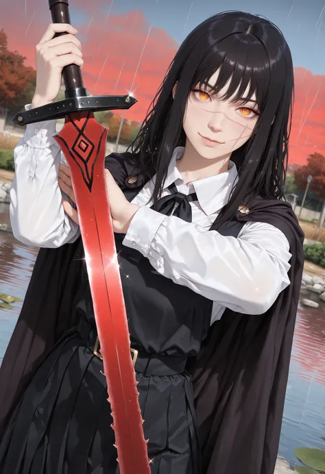 1girl, Yoru, Chainsaw Man artstyle, scar on cheek, cross scar, long hair, black hair, yellow/red eyes, ringed eyes, pretty eyes, detailed eyes, gradient eyes, crystal eyes, long eyelashes, beautiful eyes, beautiful face, perfectly symmetrical face, delicat...