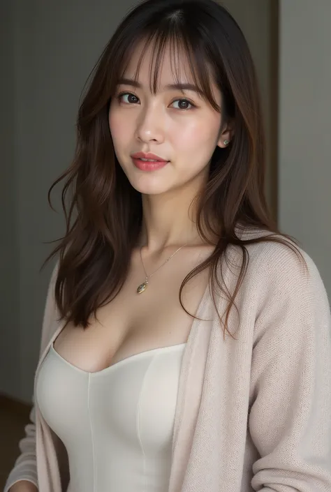 masterpiece, top quality,Great Quality, 1girl, solo, dark eyes, medium hair, 黒い髪, No bangs, shoulder length, Mole Under Mouth, viewers rub their boobs, big boobs, Curvy Body, Housewife, collarbone, cardigan, leggings, pendant necklace,wedding ring, is stan...