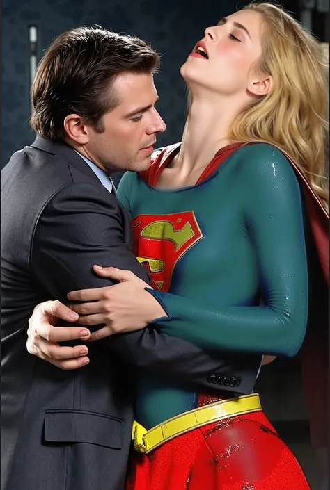 Helen Slater as supergirl、24 years old、small face、big breasts、cute beautiful woman with long blond hair, (light blue bodysuit，she is wearing long-sleeved light blue tight-fitting clothes), Red Super Mini Skirt、In the chest "S" Emblem of、
((Supergirl is get...