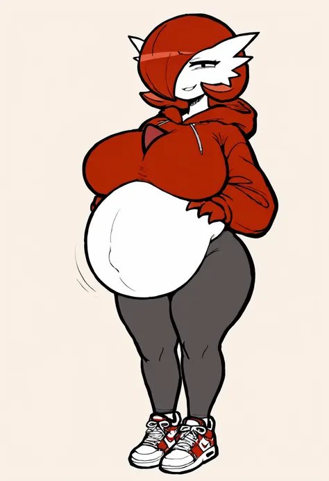 (masterpiece), best quality, expressive eyes, perfect face,1girl,full body,huge breasts,cute belly,potbelly,thick thighs,wide hips,curvy body,smug,anthro, cropped red hoodie,tight sport leggings,curvy body, red gardevoir,red hair,sneaker shoes,hyperpreg,gi...