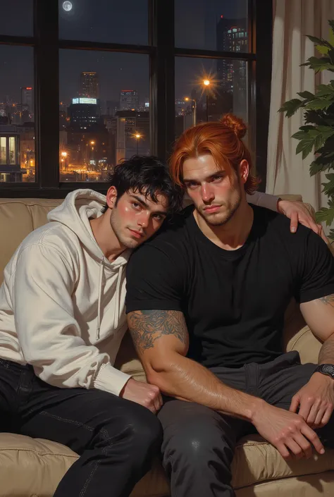 2 boy, 1 shorter man with pale skin black hair black eyes wearing white hoodie and 1 taller man with brown skin long red hair in a bun brown eyes wearing black t-shirt, 1 shorter Handsome pale man with black hair black eyes, 1 taller handsome brown skin ma...