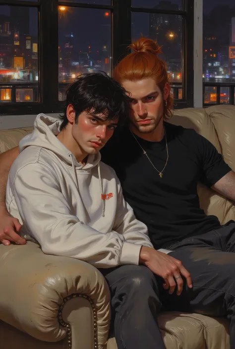 2 boy, 1 shorter man with pale skin black hair black eyes wearing white hoodie and 1 taller man with brown skin long red hair in a bun brown eyes wearing black t-shirt, 1 shorter Handsome pale man with black hair black eyes, 1 taller handsome brown skin ma...