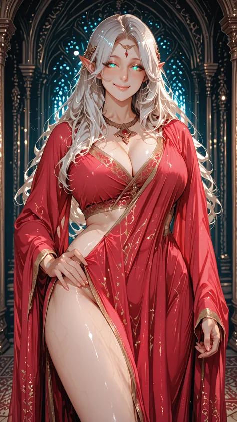 A single vertical manhwa comic panel, full-body zoomed-out view of Tessia Eralith from The Beginning After the End, reimagined with the seductive, ultra-curvaceous physique and mature allure of Savita Bhabhi, wearing a revealing low-cut blouse that barely ...