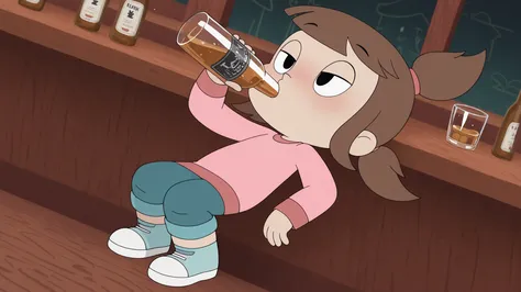 a_ey, 1girl, black eyes, brown hair, bangs, ponytails, high ponytail, elastic band, longsleeve, pants, sneakers, looking at viewer, (z0nkn3w:1), bar, drunk, drinking, dizzy, full body, alcohol,