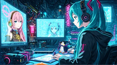 Hatsune Miku,Megurine Luka, headphones for listening to music,hacker,sitting at a desk,How to make it,neon light,cinematic,cyberpunk,plush penguin