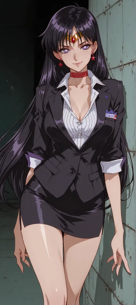 (masterpiece, detailed:1.2), ((dramatic knee-length image)), fantasy eyes, normal breasts, body fit, soft curves ,1girl, sailor mars,Alone,black hair,Diadem,long hair,purple eyes,parted bangs, wears a black suit, black suit, businesswoman, very elegant, ne...