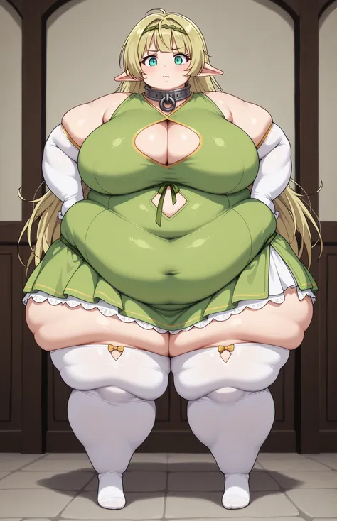 shera greenwood, long hair, blonde hair, large breasts, very long hair, hairband, pointy ears, elf, aqua eyes,
thighhighs, gloves, dress, cleavage, elbow gloves, white gloves, collar, clothing cutout, cleavage cutout, green dress, metal collar, full body, ...