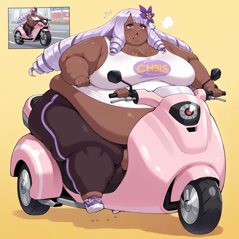 jacinthe, long hair, bangs, purple hair, dark-skinned female, drill hair,multicolored eyes, hair ornament, tank top bike, fat, chubby, obese, fat neck, multiple chins, big breasts open mouth, out of breath, Larger female, full body shot, food crumbs, 