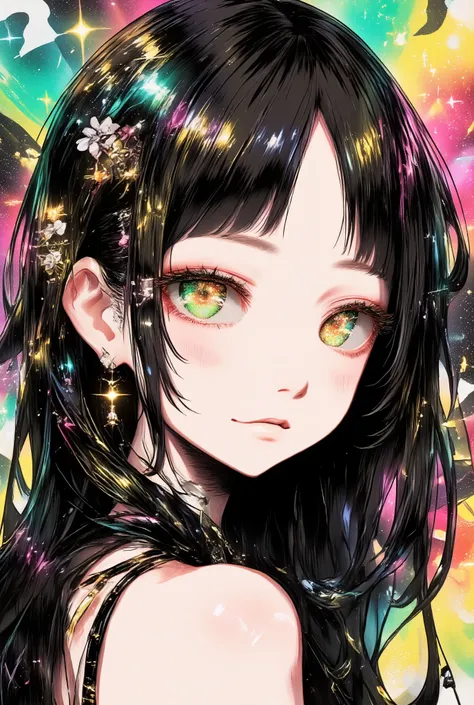 Best quality, ultra-detailed, high resolution.
A character with long, flowing black hair, featuring bright gradient highlights in green, pink, and yellow, with a subtle neon sheen and soft glow overall.
Heterochromia (odd eyes):
Right eye: vivid bright g...